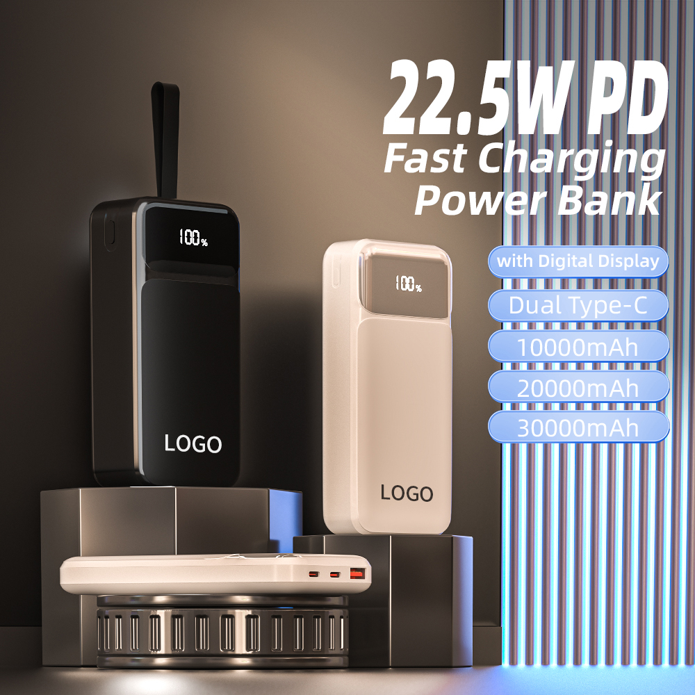 Custom Logo 22.5W PD 10000mAh 20000mAh 30000mAh Li-Polymer Power Bank Digital Display Fast
