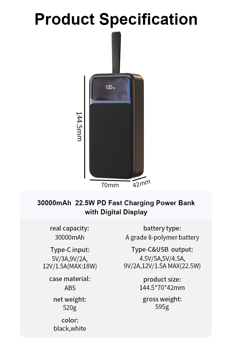 PD 22.5W Magnetic Portable Wireless Charge Power Bank 5000mAh Fast Charging Built-in Cables LED Display Powerbank With Holder