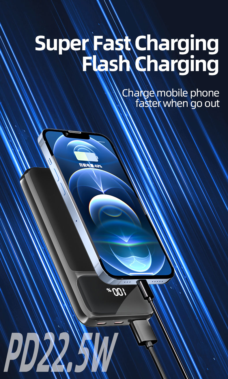 PD 22.5W Magnetic Portable Wireless Charge Power Bank 5000mAh Fast Charging Built-in Cables LED Display Powerbank With Holder