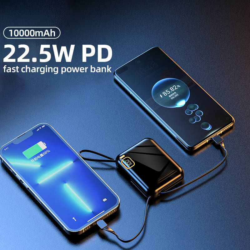 10000mah Power Bank Portable Charger Powerbank Led External Battery for Mobile Devices Build-in Cable Magnetic Powerbank