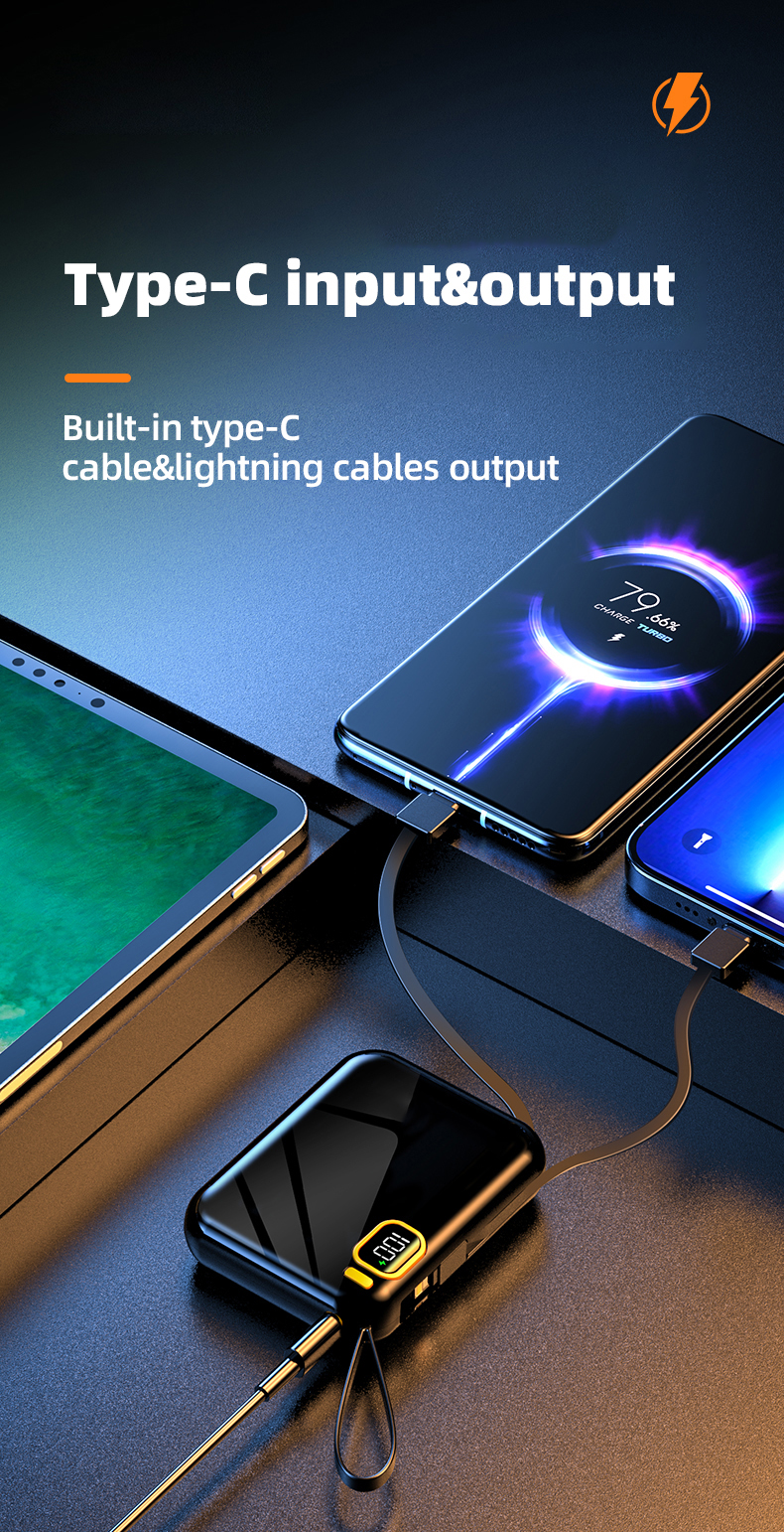 10000mah Power Bank Portable Charger Powerbank Led External Battery for Mobile Devices Build-in Cable Magnetic Powerbank