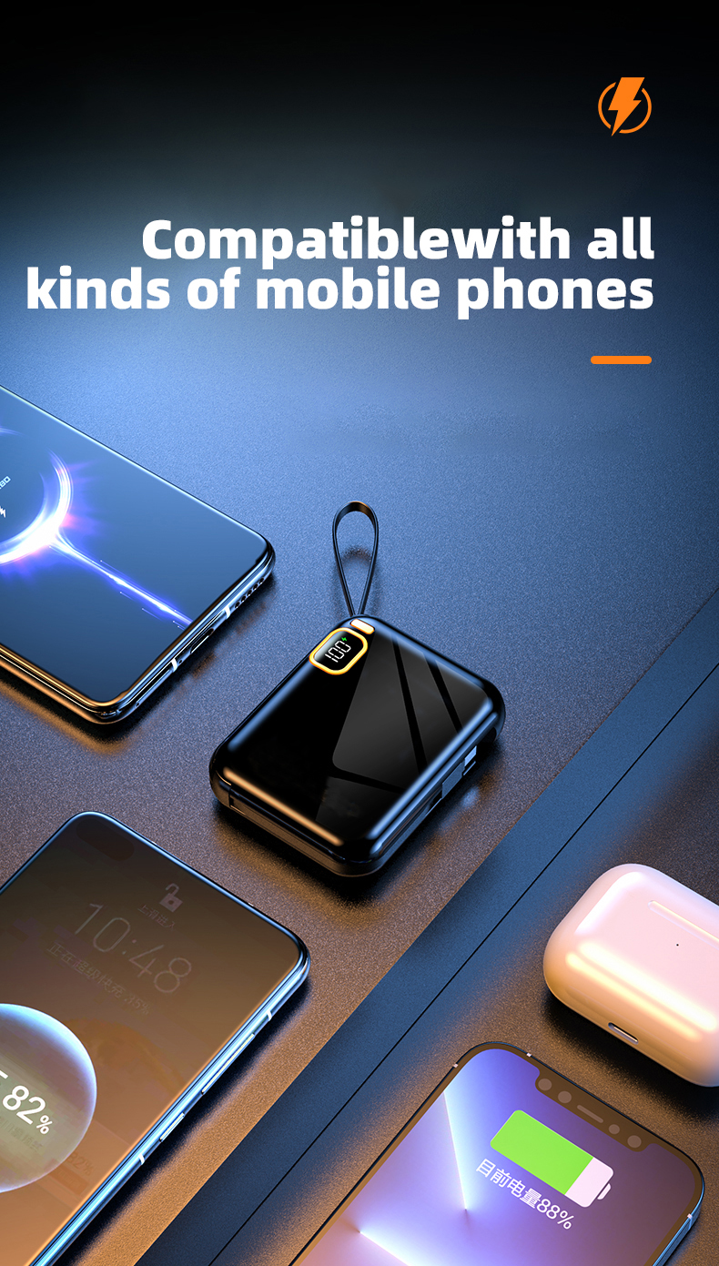 10000mah Power Bank Portable Charger Powerbank Led External Battery for Mobile Devices Build-in Cable Magnetic Powerbank