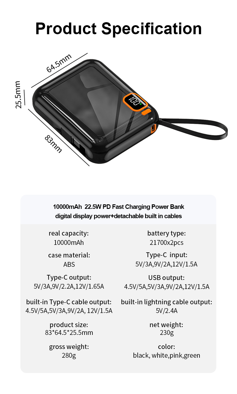 10000mah Power Bank Portable Charger Powerbank Led External Battery for Mobile Devices Build-in Cable Magnetic Powerbank