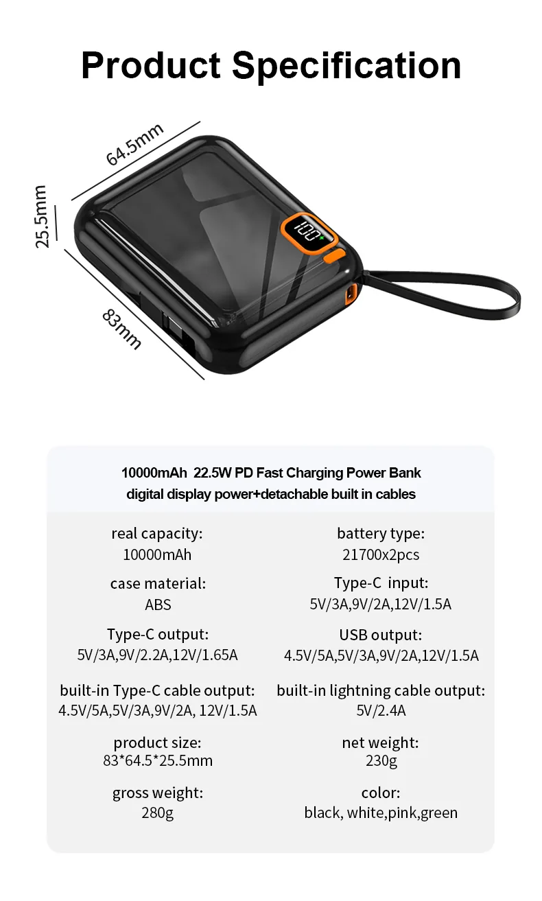 10000mAh باور بانك مع كابل مدمج، LED شاشة عرض & شحن لاسلكي مغناطيسي