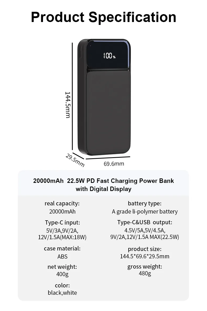 بنك الطاقة اللاسلكي المغناطيسي الصغير 5000mAh، 22.5W PD شحن سريع مع شاشة رقمية