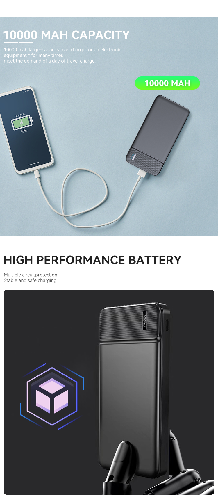 PD 22.5W Built-In 3 Cables Digital Display Fast Charging 15W Wireless Charging Power Bank Foldable 10000mAh Powerbank
