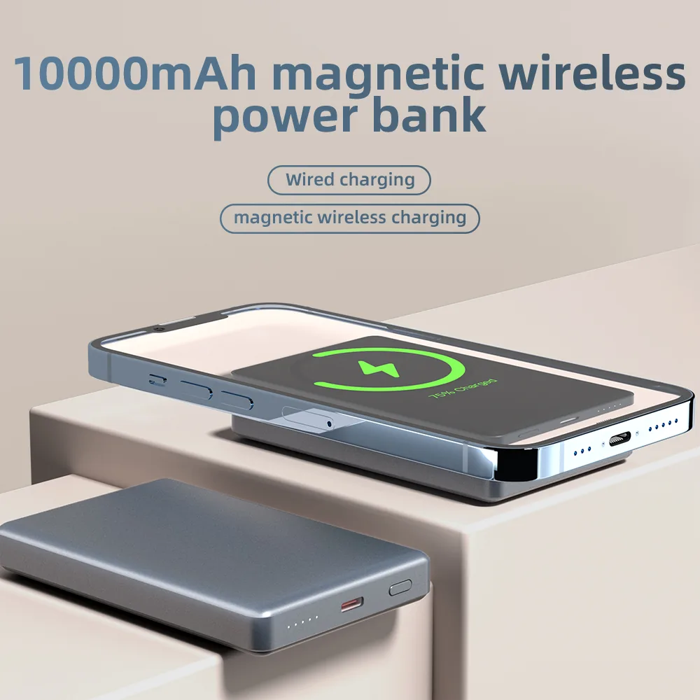 بنك الطاقة اللاسلكي المغناطيسي المصنوع من سبائك الألومنيوم 10000mAh، Type-C شحن سريع مع مؤشر 4-LED