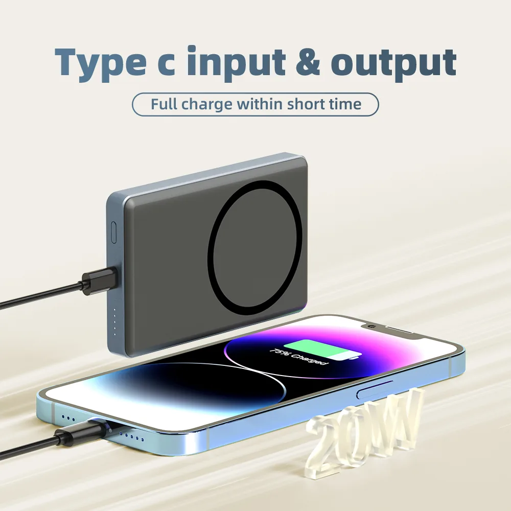 بنك الطاقة اللاسلكي المغناطيسي المصنوع من سبائك الألومنيوم 10000mAh، Type-C شحن سريع مع مؤشر 4-LED