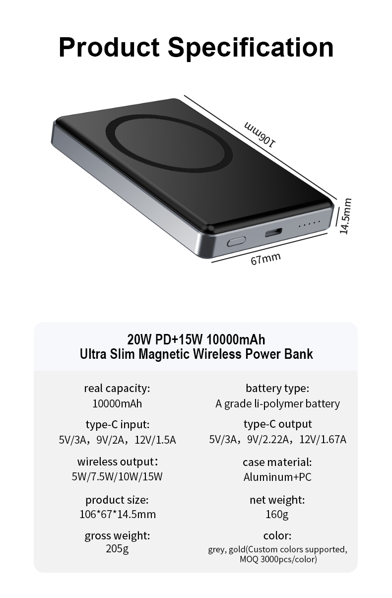 Aluminum Alloy Four-Cell Battery Indicator Powerbank 10000 Mah Wireless Magnetic Type-C Fast Charging Power Bank
