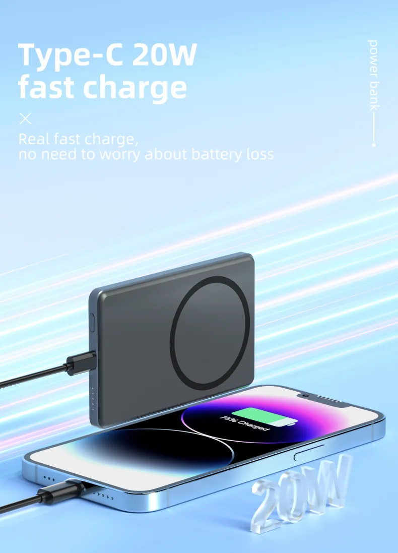 بنك الطاقة اللاسلكي المغناطيسي المصنوع من سبائك الألومنيوم 10000mAh، Type-C شحن سريع مع مؤشر 4-LED