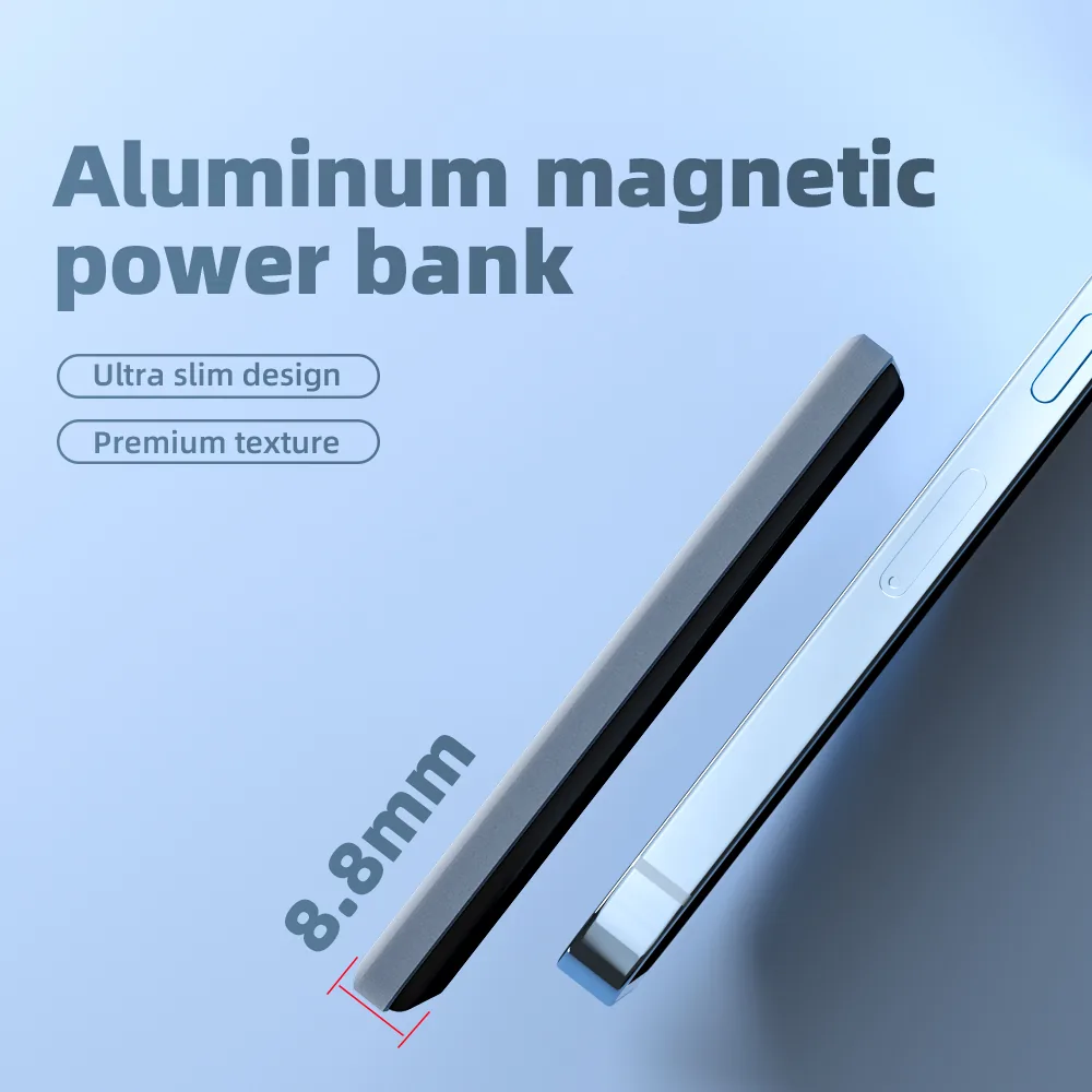 بنك الطاقة اللاسلكي المغناطيسي المصنوع من سبائك الألومنيوم 5000mAh، 15W الشحن السريع، شعار مخصص