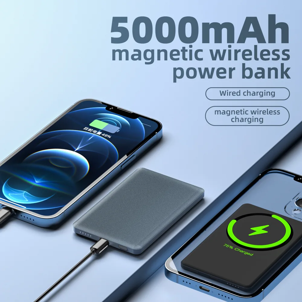 بنك الطاقة اللاسلكي المغناطيسي المصنوع من سبائك الألومنيوم 5000mAh، 15W الشحن السريع، شعار مخصص