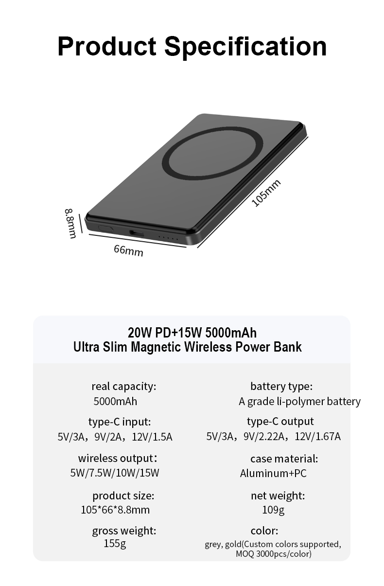 Slim Aluminum Alloy 5000mAh Fast Charge 15W Portable Powerbank Magnetic Wireless Charging Mini Power Banks Custom Logo for Phone
