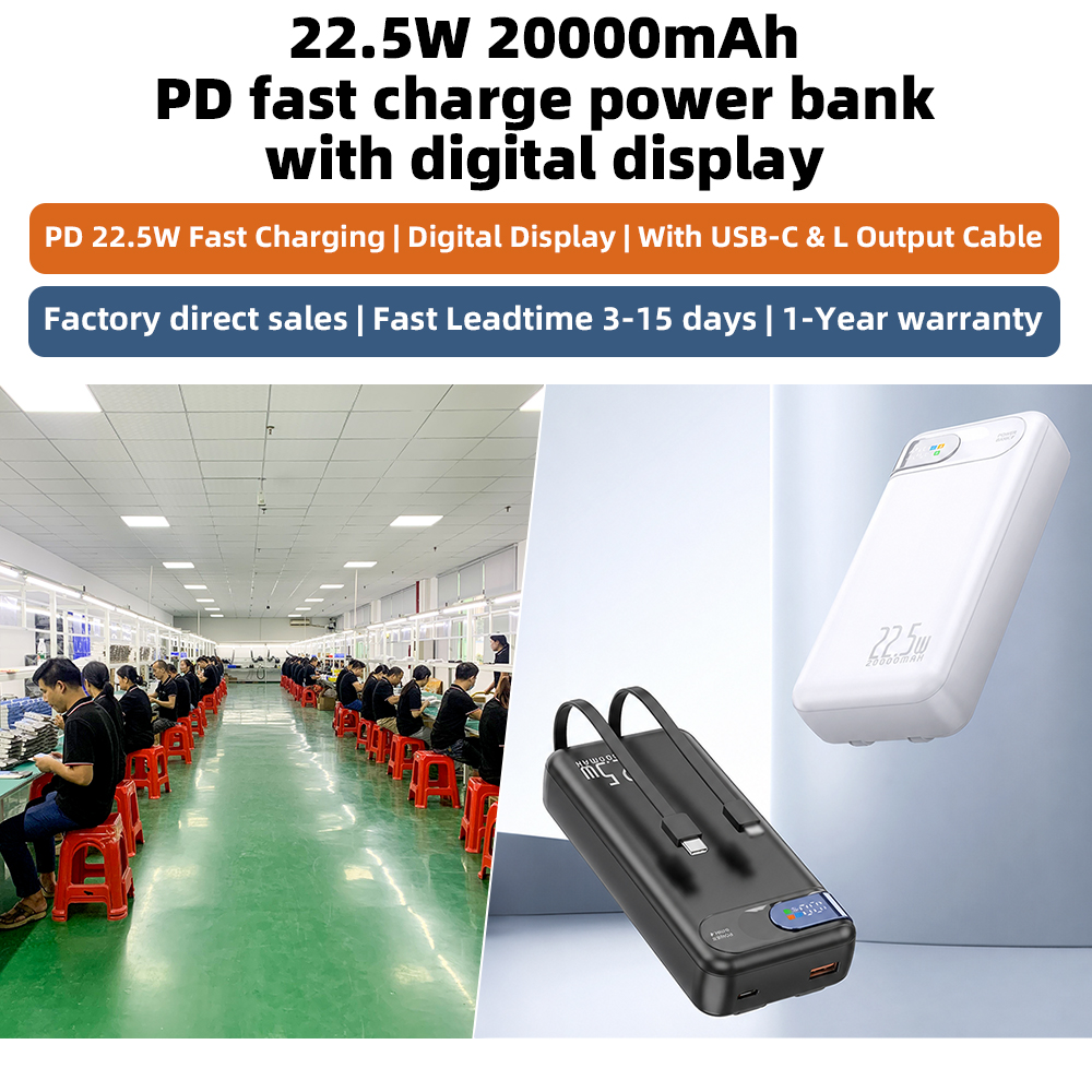 PD 22.5W Portable Charge Power Bank 20000mAh Fast Charging Built-in 2 Cables Digital Display Powerbank