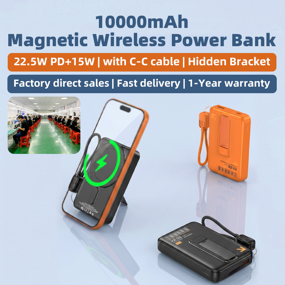 PD 22.5W Portable Powerbank With Lanyard 10000mAh Magnetic 15W Wireless Charge LED Display Holder Power Bank for Phone