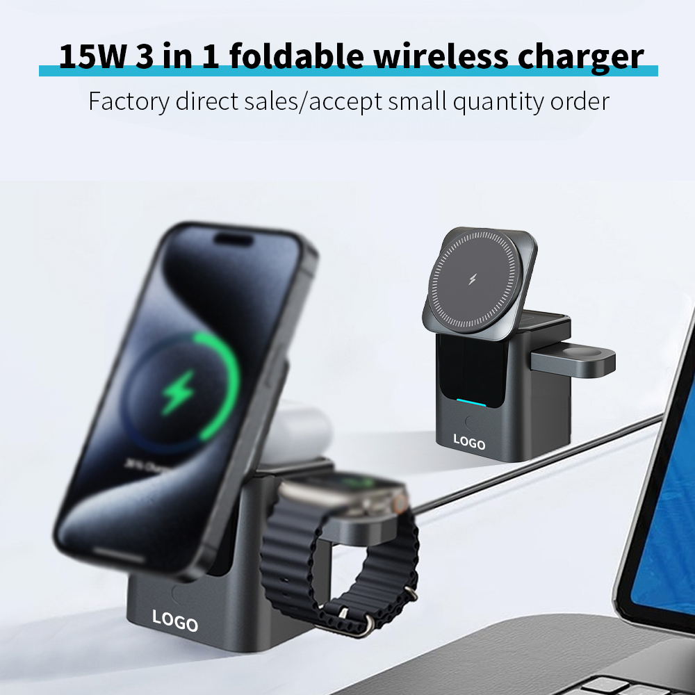 Electric Folding 3-in-1 Wireless Charger with 15W Fast Charging for Watch and Earphones with Magnetic Charging Stand